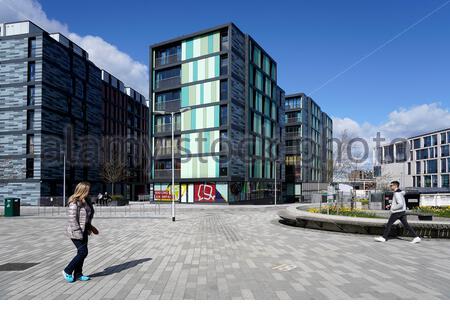 Moderne Entwicklung von Fountainbridge Green am Union Canal, Edinburgh, Schottland Stockfoto