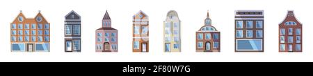 Lange Reihe von europäischen farbigen alten Häusern, Geschäften und Fabriken im traditionellen holländischen Stadtstil. Vektorgrafik im flachen Stil isoliert auf einem Stock Vektor