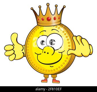 Goldmünze in der Krone, der König des Geldes. Goldmünze, niedliche Cartoon Emoticon Maskottchen. Golden Coin Cartoon-Charakter Für Geschäfts- Und Finanzkonzepte. Stock Vektor
