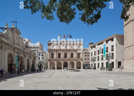 Palacio Municipal Verwaltungsgebäude im Barockstil zwischen dem siebzehnten Jahrhundert in der Plaza Mayor der Stadt Castellón, Spanien gebaut Stockfoto