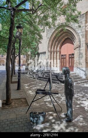 Bronze Skulptur des Künstlers Malerei an der Kathedrale Santa Maria del, Hommage an Künstler Juan Jose Salas von Carlos Vento, Castellon de la Plana, Spanien Stockfoto