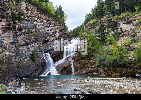 Kleine Quelle, die auf einer Felswand im Wald fließt An einem grauen Sommertag Stockfoto