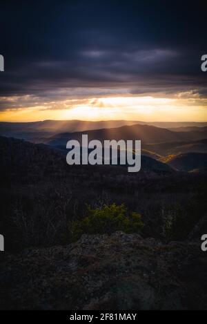 Intensives goldenes Licht, das an einem dunklen, bewölkten Abend über den Shenandoah National Park hinunterscheint. Stockfoto