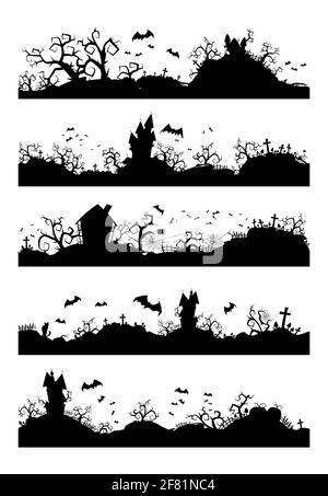 Vektor-Set von Halloween horizontale nahtlose Illustrationen mit Burg, Friedhof und Fledermäuse. Schwarze Silhouetten. Stock Vektor