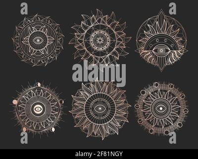 Vektor-Set von Heiligen Symbolen und Geometriefiguren auf schwarzem Hintergrund. Abstrakte goldene Zeichen. Für Sie entwerfen und magische Handwerk. Stock Vektor