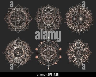 Vektor-Set von Heiligen Symbolen und Geometriefiguren auf schwarzem Hintergrund. Abstrakte goldene Zeichen. Für Sie entwerfen und magische Handwerk. Stock Vektor
