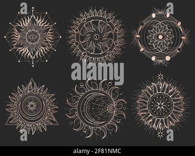 Vektor-Set von Heiligen Symbolen und Geometriefiguren auf schwarzem Hintergrund. Abstrakte goldene Zeichen. Für Sie entwerfen und magische Handwerk. Stock Vektor
