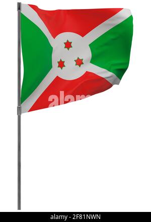 Burundi-Flagge auf der Stange. Winkendes Banner isoliert. Nationalflagge von Burundi Stockfoto