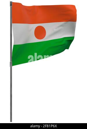 Niger-Flagge auf Mast. Winkendes Banner isoliert. Nationalflagge von Niger Stockfoto