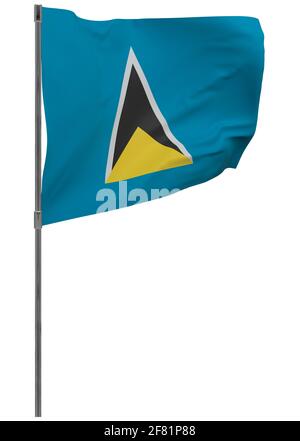 Flagge der Heiligen Lucia auf der Stange. Winkendes Banner isoliert. Nationalflagge von St. Lucia Stockfoto