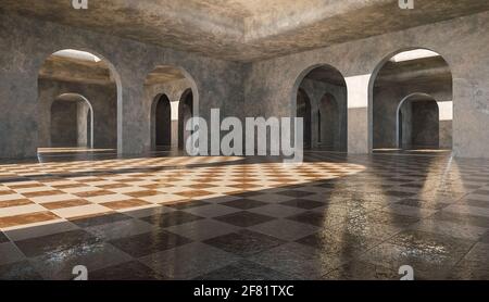 Galerie von unendlichen Betonbögen mit Marmorfliesen Boden. 3d-Rendering Stockfoto