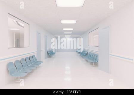 Krankenhausflur mit Wartesesseln an den Seiten und Fenstern zu den Zimmern. 3d-Rendering Stockfoto