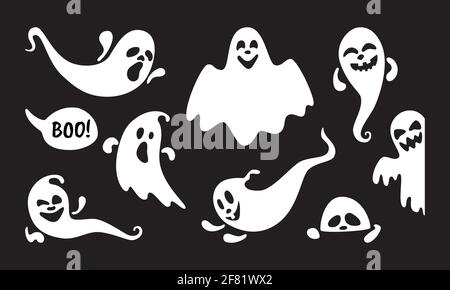Niedliche Geist Urlaub Zeichen flachen Stil Design Vektor Illustration Set isoliert auf schwarzem Hintergrund. Halloween boo gruseliges Symbol, das über dem Schwarzen fliegt Stock Vektor