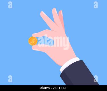 Hand hält goldene Münze in zwei Fingern flach Stil Design Vektor Illustration. Spenden Sie Dollar Währung oder mehr. Symbol der Spende auf hellblau isoliert Stock Vektor