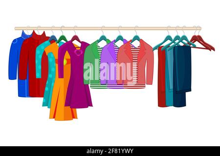 Kleidung auf Kleiderbügeln isoliert auf weißem Hintergrund. Kleidung und Accessoires Mode-Set. Saisonales Verkaufskonzept. Organisation oder Lagerung von Kleidung.Vektor Stock Vektor