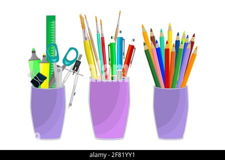 Set aus Schul- oder Bürobechern mit Schreibwaren. Briefpapier-Halter-Sammlung. Farbiger Tischorganisator. Zurück zur Schule. Vektorgrafik für Aktien Stock Vektor
