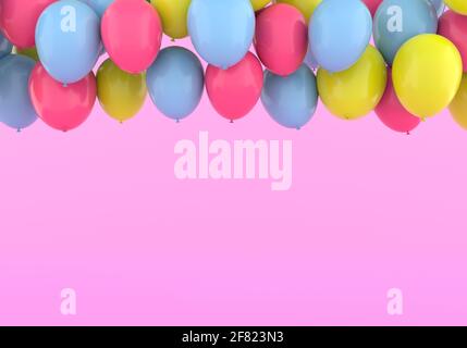 Eine lebendige Illustration von pastellfarbenen Luftballons auf einem rosafarbenen, glamourösen Hintergrund. 3D-Rendering Stockfoto