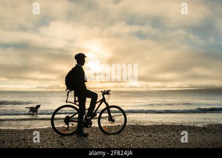Silhouettenbild eines Radfahrers auf dem Fahrrad, der den Sonnenaufgang und den Hund beim Spielen im Wasser am Milford Beach, Auckland, beobachtet Stockfoto