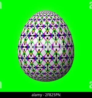 Frohe Ostern, kunstvoll gestaltete und bunte 3D-osterei, 3D-Illustration auf Grün Stockfoto