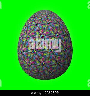 Frohe Ostern, kunstvoll gestaltete und bunte 3D-osterei, 3D-Illustration auf Grün Stockfoto