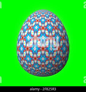 Frohe Ostern, kunstvoll gestaltete und bunte 3D-osterei, 3D-Illustration auf Grün Stockfoto