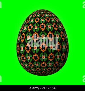 Frohe Ostern, kunstvoll gestaltete und bunte 3D-osterei, 3D-Illustration auf Grün Stockfoto