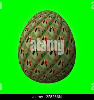 Frohe Ostern, kunstvoll gestaltete und bunte 3D-osterei, 3D-Illustration auf Grün Stockfoto