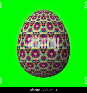 Frohe Ostern, kunstvoll gestaltete und bunte 3D-osterei, 3D-Illustration auf Grün Stockfoto