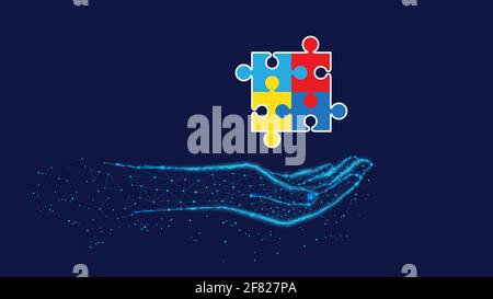 Puzzle. Symbol für Autismus in polygonaler Hand. Blauer Hintergrund. Stockfoto