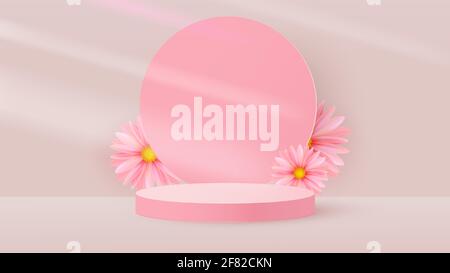 Minimalistische Szene mit rosafarbenem zylindrischem Podium, rundem Rahmen und Frühlingsblumen. Szene für die Demonstration eines kosmetischen Produkts, Schaufenster. Vektor i Stock Vektor