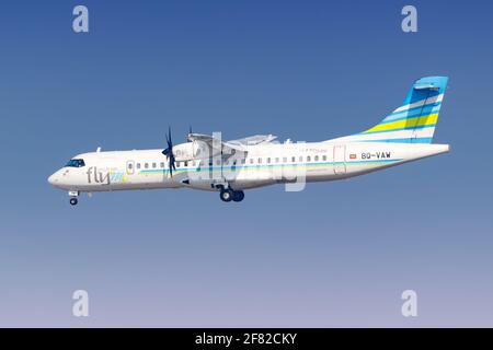 Male, Malediven – 18. Februar 2018: Flyme Villa Air ATR-72 Flugzeug am Flughafen Male (MLE) auf den Malediven. Stockfoto