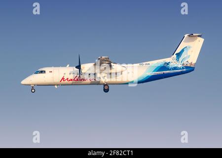 Männlich, Malediven - 18. Februar 2018: Maledivisches Bombardier DHC-8-300 Flugzeug auf dem Malediven Flughafen (MLE). Stockfoto