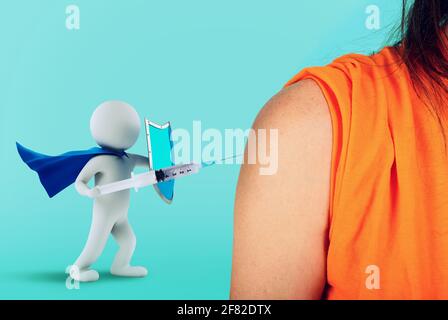 Superhero injiziert Impfstoff gegen das Covid-19-Virus. Cyan-Hintergrund Stockfoto