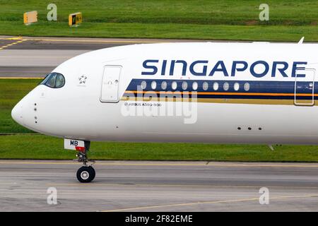 Changi, Singapur – 29. Januar 2018: Airbus A350 von Singapore Airlines auf dem Flughafen Changi (SIN) in Singapur. Airbus ist ein europäisches Flugzeugmanu Stockfoto