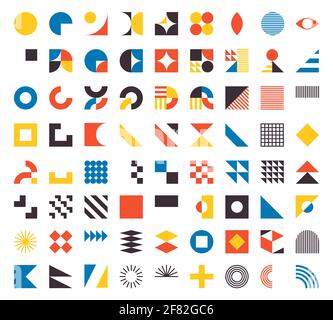 Bauhaus-Elemente. Moderne geometrische abstrakte Formen in minimalistischem Stil. Brutalismus Grundformen, Linien, Auge, Kreise und Muster, Kunstvektor gesetzt Stock Vektor