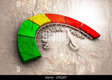 Das Cholesterinmessgerät hat ein hohes Niveau der Staatsverschuldung gemessen. Farbskala mit Pfeil von Rot nach Grün. Das Symbol des Messgeräts. Bunte Infografik g Stockfoto