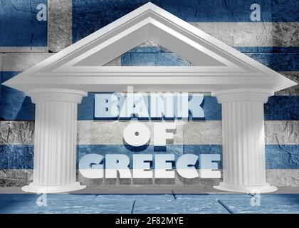 Abstraktes weißes Bankgebäude. Text der Bank of Greece. 3D-Rendering. Flagge Griechenlands Stockfoto