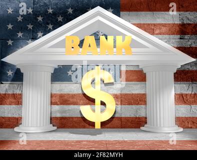 Abstraktes weißes Bankgebäude. US-Dollar-Symbol. 3D-Rendering. Flagge der USA Stockfoto