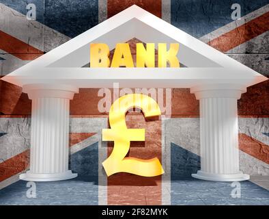 Abstraktes weißes Bankgebäude. Britisches Pfund-Symbol. 3D-Rendering. Flagge des Vereinigten Königreichs Stockfoto