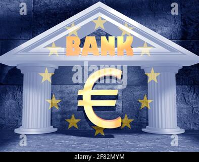 Abstraktes weißes Bankgebäude. Euro-Symbol. 3D-Rendering. Flagge der Europäischen Union Stockfoto