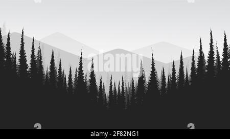 Vektor Schwarz und Weiß Berglandschaft mit Kiefernwald, neblig und Nebel Konzept-Design. Stock Vektor