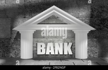 Abstraktes Bankgebäude. Raue Oberfläche der Steinblöcke. Rechteckige Formen. 3D-Rendering. Stockfoto