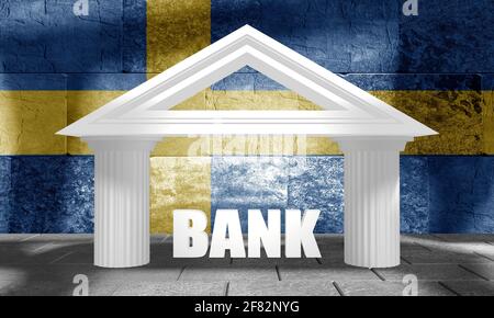 Abstraktes Bankgebäude. 3D-Rendering. Flagge Schwedens Stockfoto
