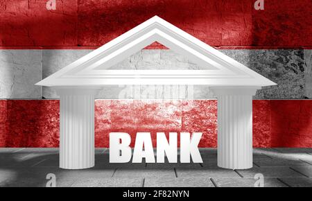 Abstraktes Bankgebäude. 3D-Rendering. Flagge Österreichs Stockfoto