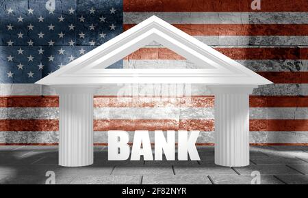 Abstraktes Bankgebäude. 3D-Rendering. Flagge der USA Stockfoto
