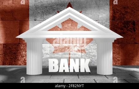Abstraktes Bankgebäude. 3D-Rendering. Flagge Kanadas Stockfoto