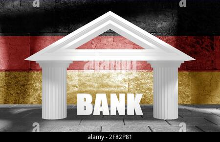 Abstraktes Bankgebäude. 3D-Rendering. Flagge der Bundesrepublik Deutschland Stockfoto