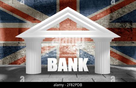 Abstraktes Bankgebäude. 3D-Rendering. Flagge des Vereinigten Königreichs Stockfoto