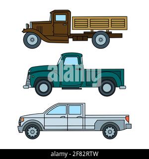 Set von farbigen Oldtimer-Spielzeugautos. Seitenansicht. Vektorclipart Stock Vektor