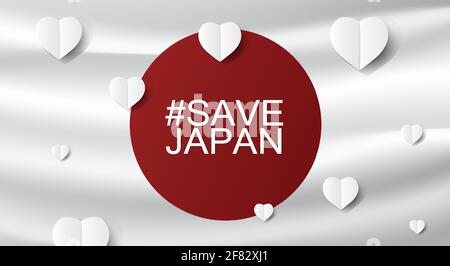 Japan Flagge mit Save for japan Botschaft auf grauem Hintergrund; Design für Unterstützung und Hilfe für Menschen; Wohltätigkeitsorganisation; Spenden nach Taifun-Erdrutsch; Vektor Stock Vektor